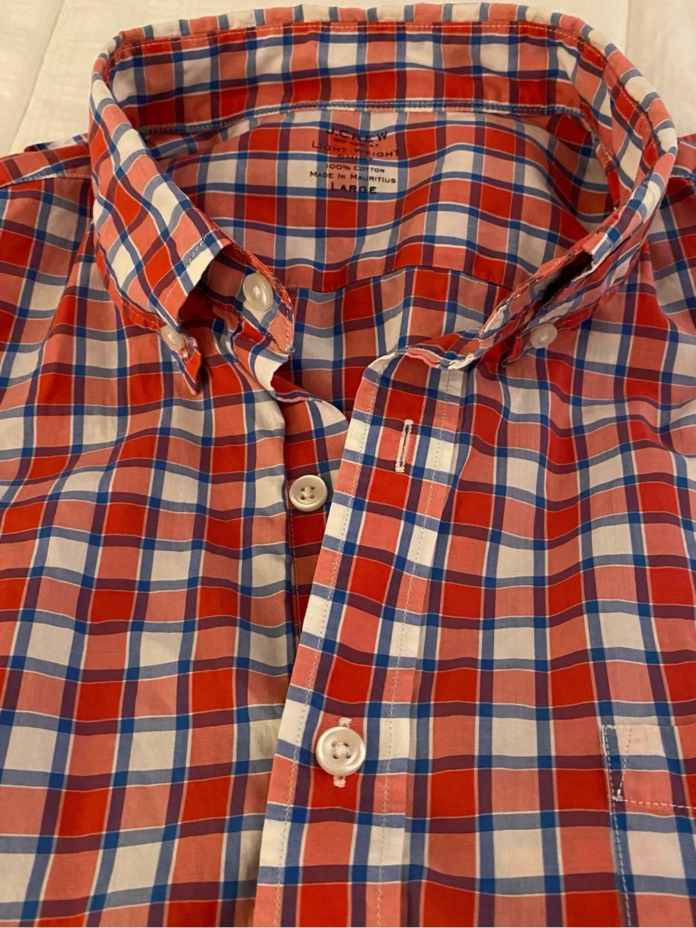J. Crew Shirt Mens L Red Plaid Button Down Lightweight 100% Cotton Casual Basics
